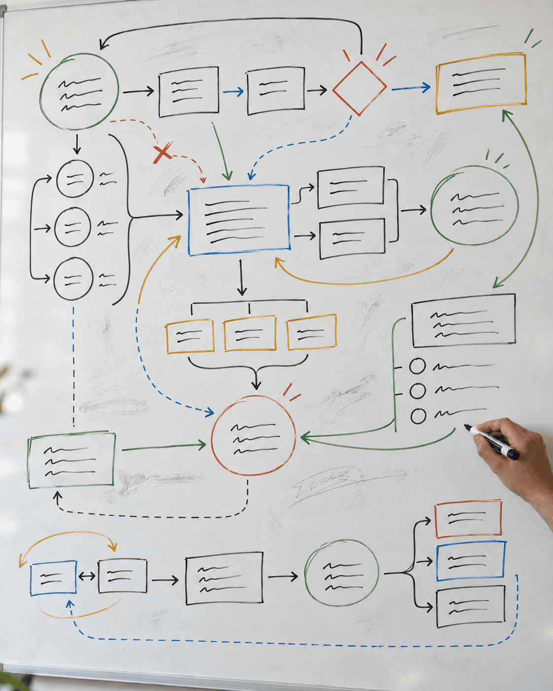 Hand-drawn planning diagram with coloured boxes and arrows on a whiteboard